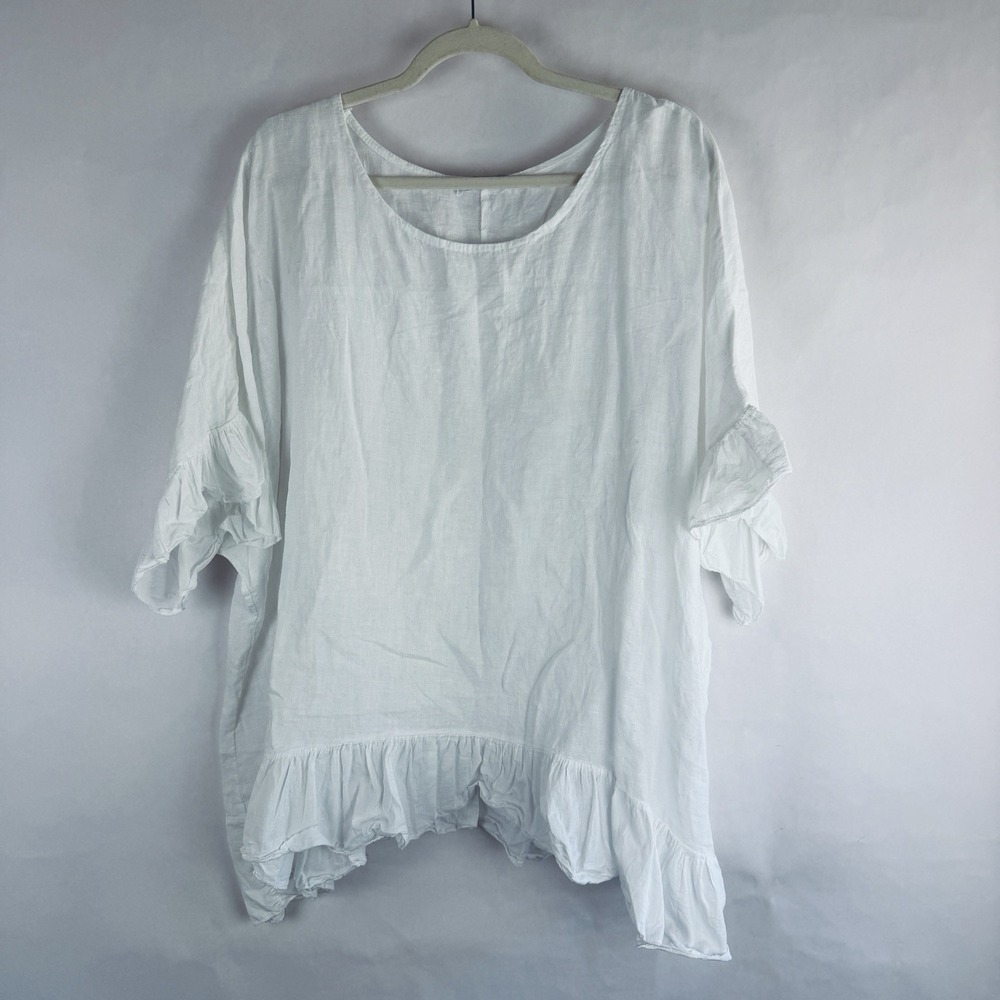 Womens White Linen Top XL? Coastal Top Shirt Ruffle Oversized Made In Italy Boxy